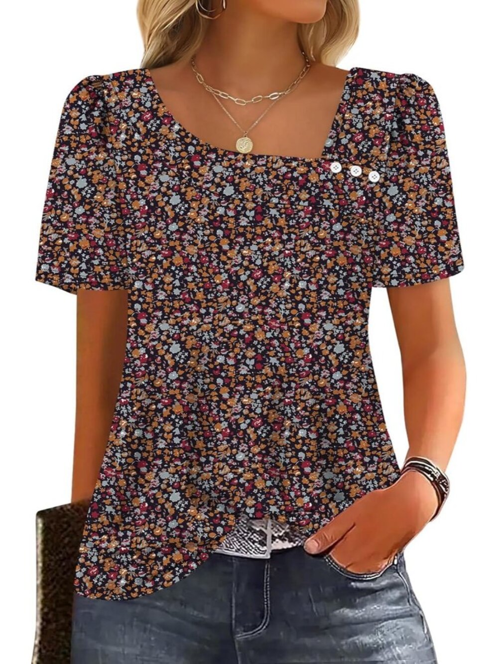 Women's Floral 2 Square Neck Blouse Summer Casual Short Sleeve Outfit Spring Top